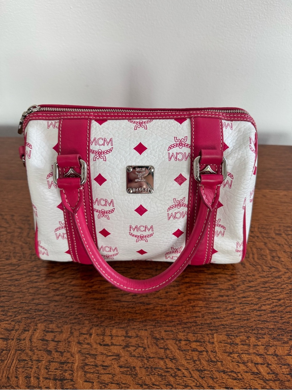 MCM White and Hot Pink Logo Top-Handle Satchel